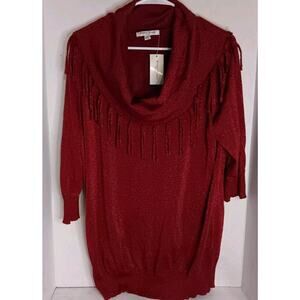 Studio Works Women's Fringed Cowl Neck Top 3/4 Sleeves Sparkling Red Size 2X New